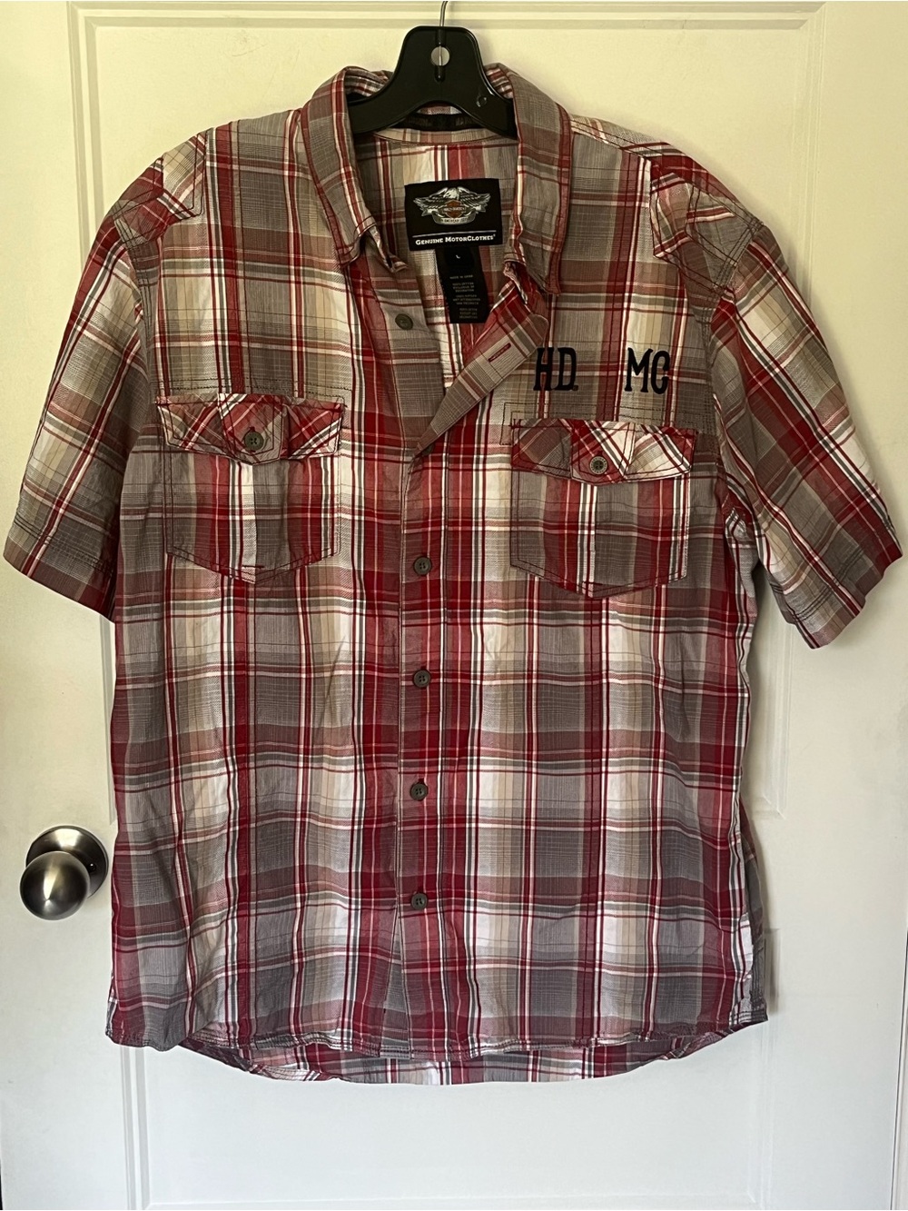 Vintage Y2K Harley-Davidson Plaid Button Up Shirt Red Gray Cotton Large Mech